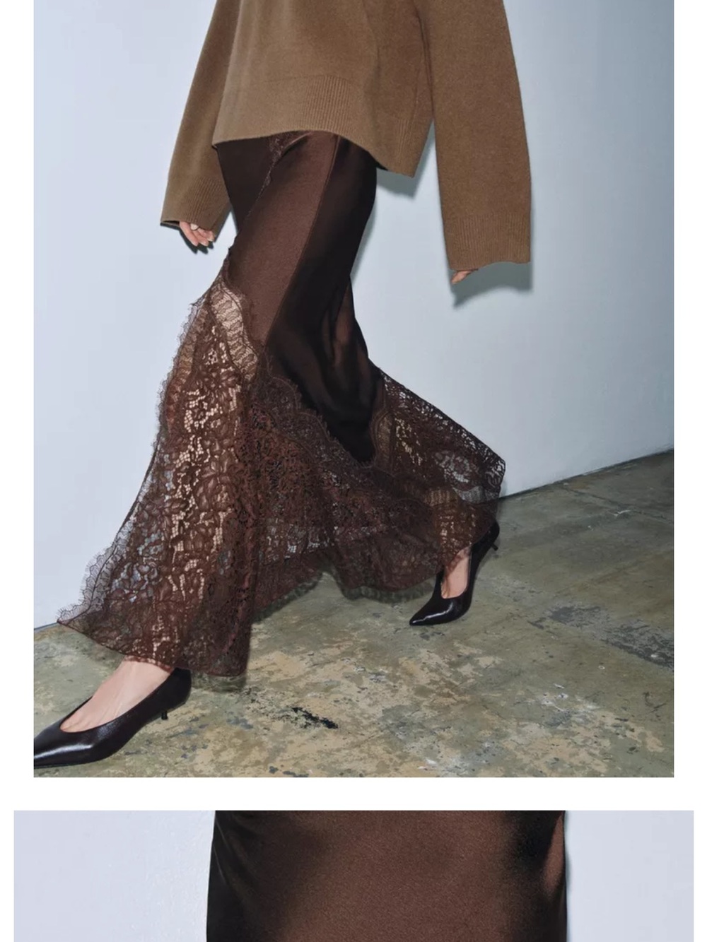 Zara Brown Lace-Trim Maxi Slip Skirt - Picture 3 of 8